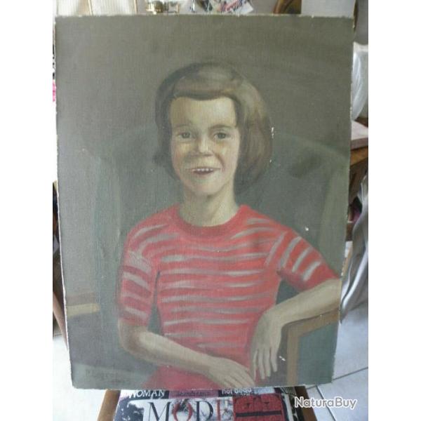 vintage peinture  l'huile effrayante, petite fille signee P Legros1955