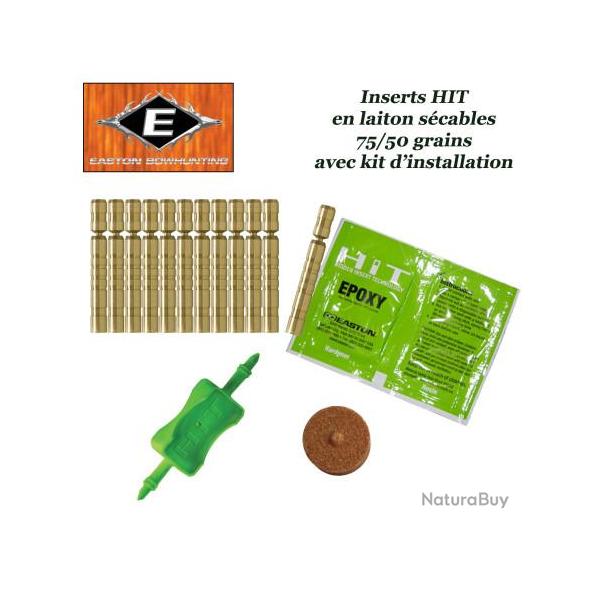 EASTON Inserts HIT lourds en laiton s�cables 75-50 grains pour tubes et fl�ches Axis 12 Pack avec ki
