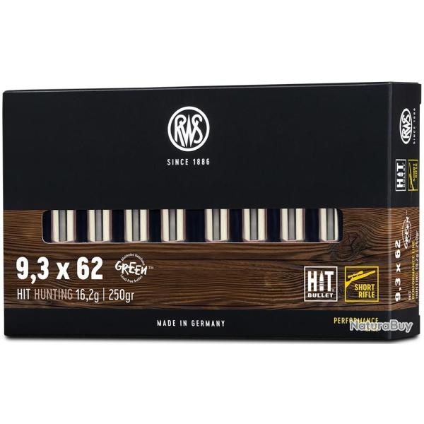 Cartouche RWS Hit Short Rifle cal.9,3X62 250GR 16,2G boite de 20