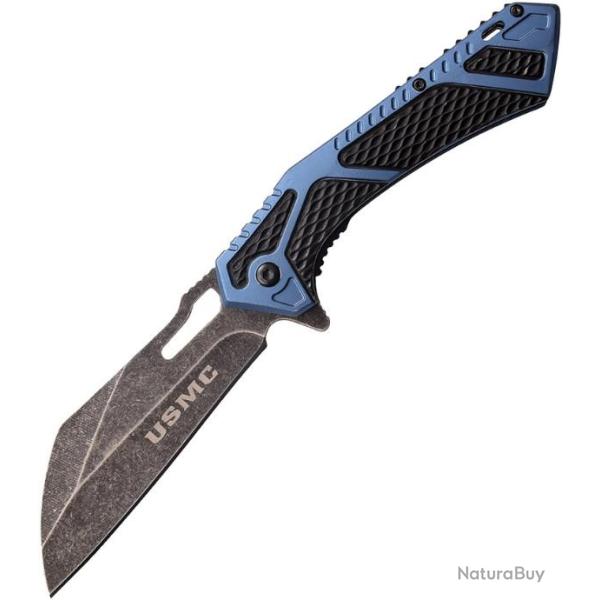 Couteau Tactical USMC A/O Black/Blue Aluminium Handle Lame Acier Inox Linerlock Clip USMA1063BL