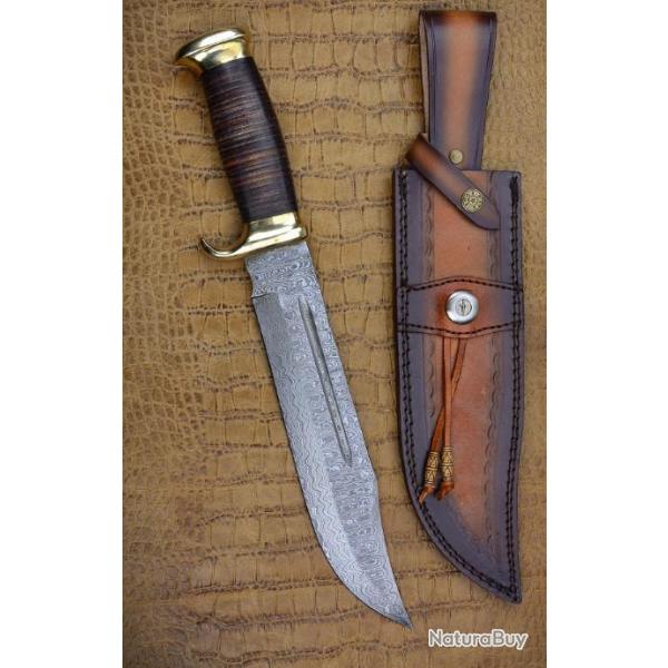 Couteau Bowie Damas Appalacian Lame 256 Couches Manche Cuir Etui Cuir DM1204