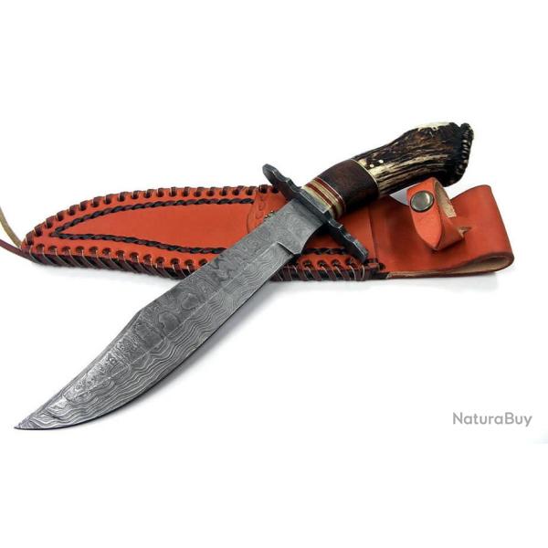 Couteau De Chasse Bowie Lame Damas 256 Couches Manche Bois de Cerf Etui Cuir DM1042