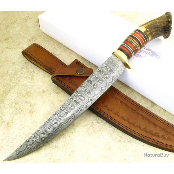 Couteau de Chasse Lame Damas 260 Couches Manche Bois de Cerf Etui Cuir DM1059 00b