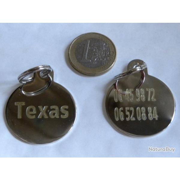 MEDAILLE Grav�e chien en laiton chrom�e 32 mm gravure, personnalisation offerte