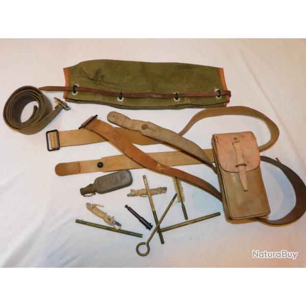 LOT 2  BRETELLES CUIR FUSILS MAS 36 / MAS 49 + ETUI CUIR NETTOYAGE + ECOUVILLON + COUVRE CULASSE +++