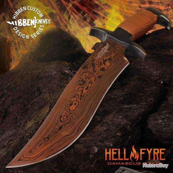 Couteau Hibben Damascus Hellfyre Highlander Bowie Lame Acier Damas Etui Cuir GH5089