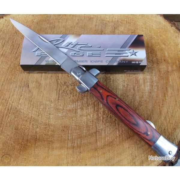 CN210661 Couteau Stiletto Mafia Milano Lame Acier Inox Manche Bois Lockback