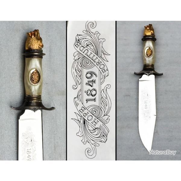 TRES RARE GRAND & MASSIF POIGNARD/DAGUE A TETE D'OURS, LAME GRAVEE, MAGNIFIQUE PIECE