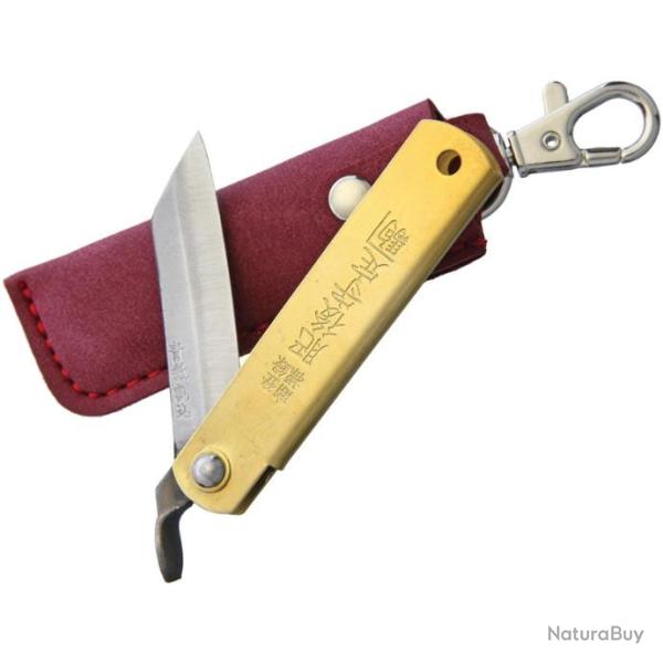 HIGO75RS Couteau Higonokami Brass Blue Paper Manche Laiton Pochette Cuir Japan