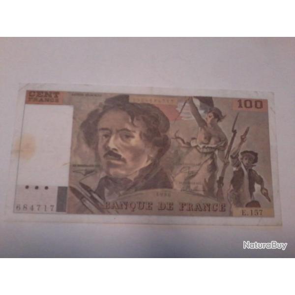 Billet faut� de 100 francs Delacroix fait 8,5 X1 6,4 cm au lieu de 8,5 X 16 cm TTB de 1990 N�E157