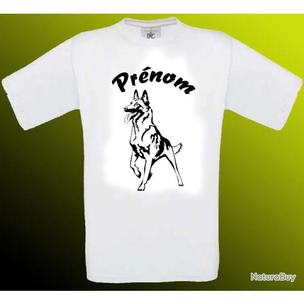 Tee-shirt Blanc, Beige ou Noir avec impression Malinois + Pr�nom
