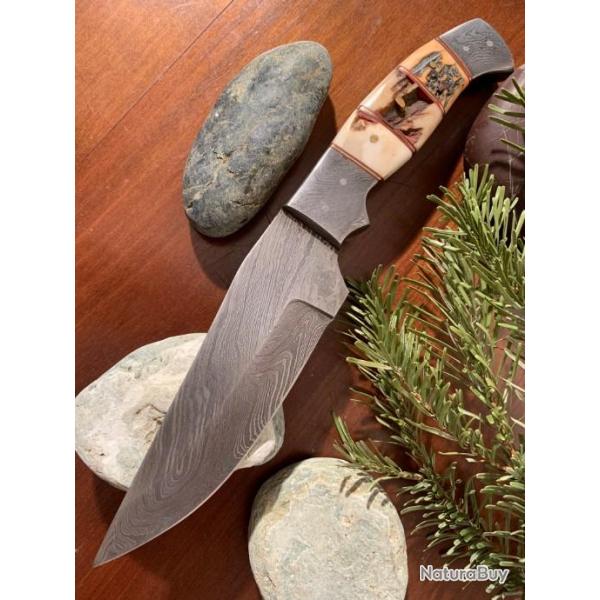 Pi�ce unique !  - Lame damas chasse - Bois de cerf -  Full Tang.