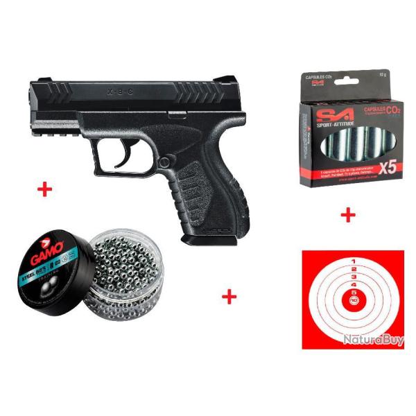 Pack Pistolet CO2 Umarex XBG noir cal. 4,5 mm + 5 Co2 + 500 Billes Gamo + 10 Cibles + mallette Ux
