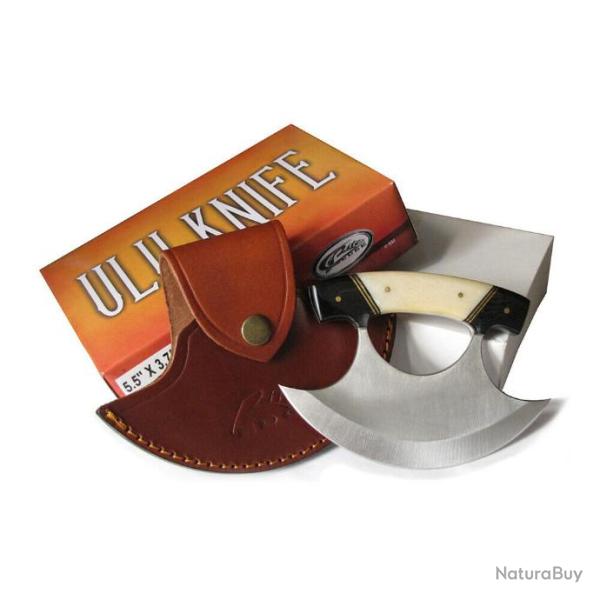 Couteau D'esquimeau ULU Inuit Lame Acier Inox Manche Os/Corne Etui Cuir CN8026HN