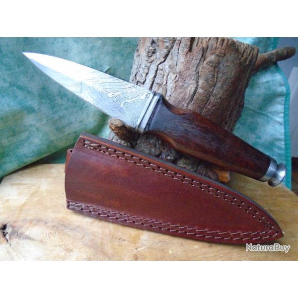 Dague Couteau Scottish Sgian Dubh Damas 256 Couches Manche Bois Etui Cuir DM1263