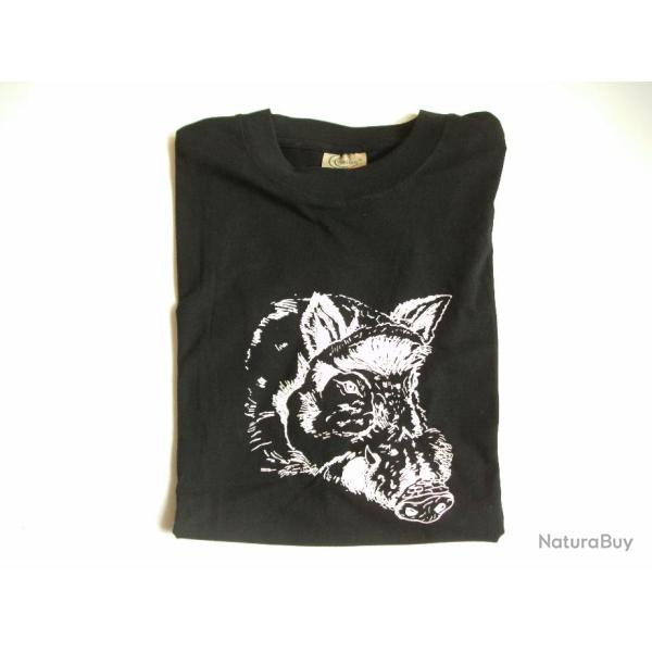 TEE SHIRT CHASSE NOIR AVEC TETE DE SANGLIER TAILLE M