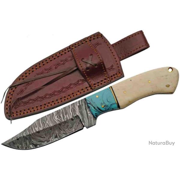 Couteau de Chasse Damas Lame 256 Couches Manche Os/Turquoise Etui Cuir DM1275