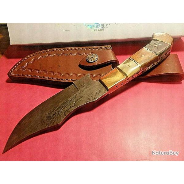 Couteau de Chasse Damas Lame 256 Couches Manche Noyer & Corne Etui Cuir DM1253