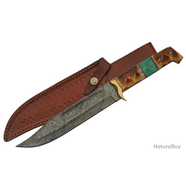 Couteau Burnt Bone Bowie Damas Lame 256 Couches Manche Os Etui Cuir DM1256