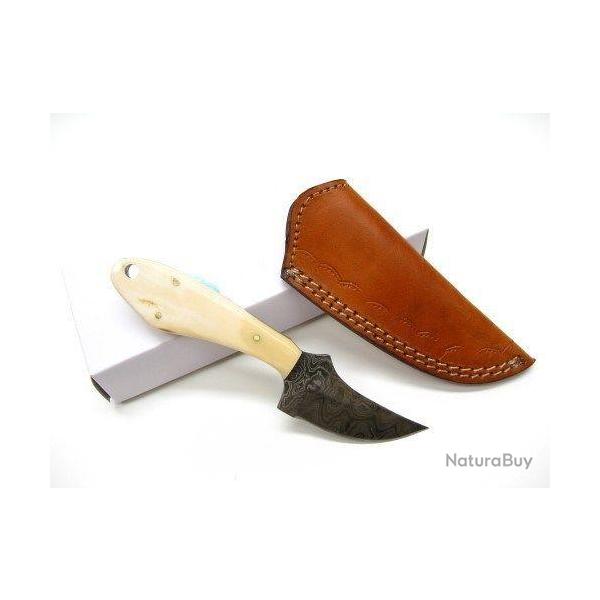 Skinner Couteau Damas Lame 256 Couches Manche Os Etui Cuir DM1131BO