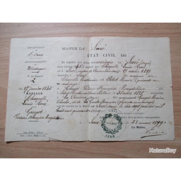 Certificat de mariage d�livr� en 1899