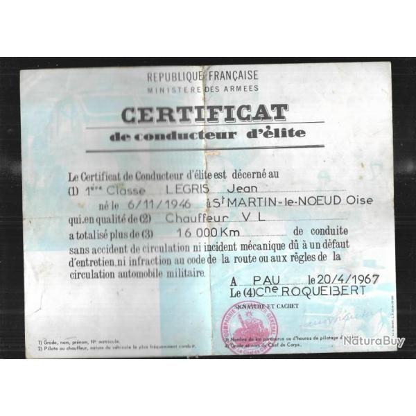 certificat de conducteur d'�lite attribu� pau 1967 , saint martin le noeud beauvais oise , diplome