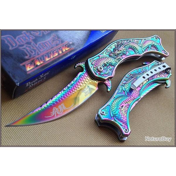 Couteau Mandarin Dragon Rainbow Lame Acier 440 Manche M�tal Dark Side DSA019RB