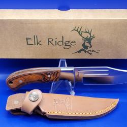 Couteau Bushcraft Elk Ridge Hunter Lame Acier 440 Manche Bois Etui Cuir ER052