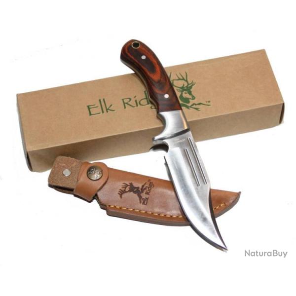 Couteau Bushcraft Elk Ridge Hunter Lame Acier 440 Manche Bois Etui Cuir ER052