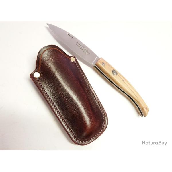 COUTEAU l'AUTAN (AU SABOT), lame inox 11cm, manche olivier, avec pochette cuir artisanale