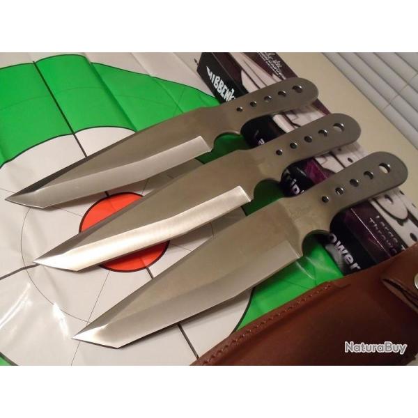 Lot de 3 Couteaux de Lancer Hibben Large Triple Thrower Tanto Lame Acier Inox Cible Etui Cuir GH5003