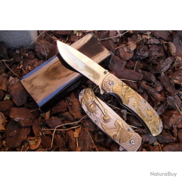 Couteau Massif Or Manche Grav� Relief Libert� Lame Acier Or Laser