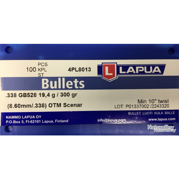 Ogives Lapua .338 300 grains OTM Scenar boite de 100