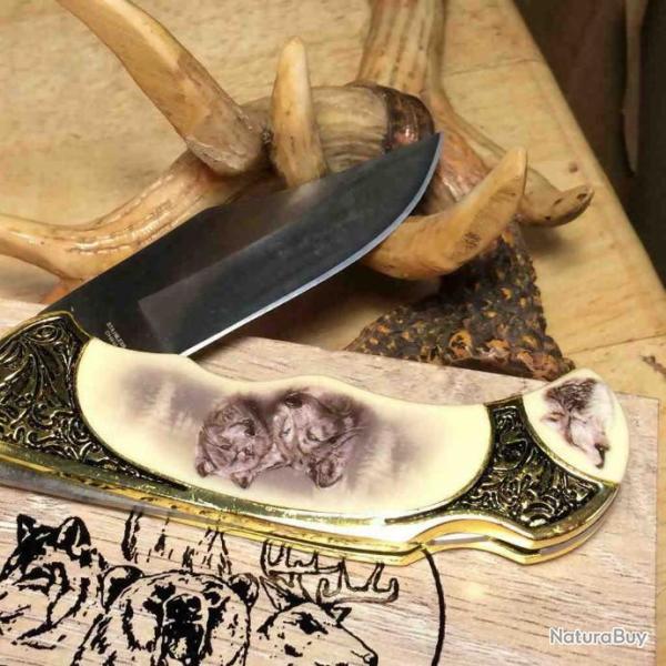 Couteau Wolf Lame Acier Inox Manche Laiton & Os Boite Collector CN211411WF