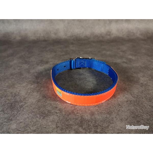 Collier Nylon Bleu et bande r�fl�chissante Orange Fluo 59 cm