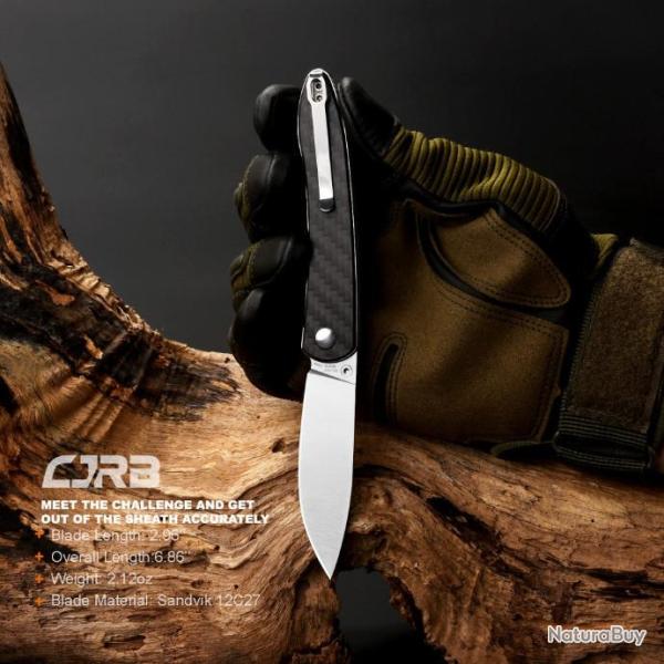J1917CF Couteau CJRB RIA Black Lame Acier 12C27 Manche Fibre de Carbone IKBS Linerlock Clip