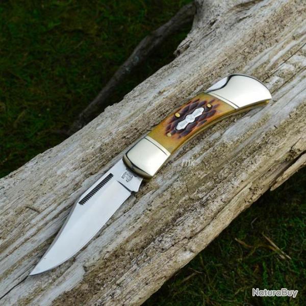 Couteau de Poche Manche Os Cerf� Lame Acier 440 Cran d'Arr�t Fa�on BUCK RR193