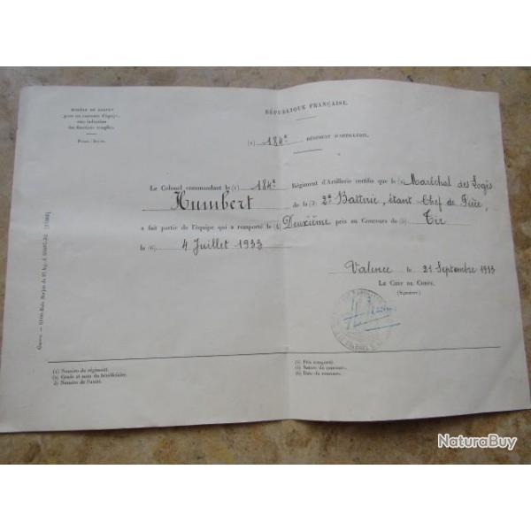 prix de tir diplome artilleur Valence 1933 184� RA artillerie lourde