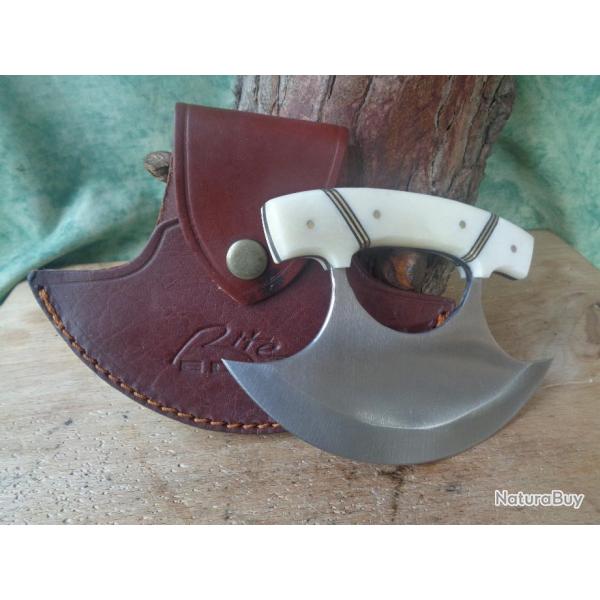 Couteau D'esquimau Ulu Inuit Lame Acier Inox Manche Os Etui Cuir PA8026BO