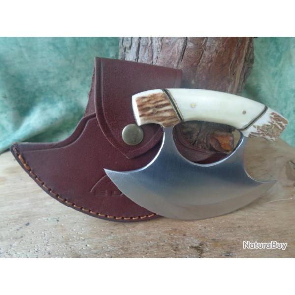Couteau D'esquimau Ulu Inuit Lame Acier Inox Manche Os/Corne Etui Cuir PA8026SG