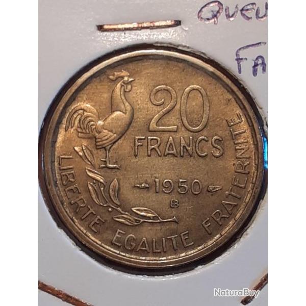 20 francs georges guiraud  1950 B queue � 4 faucilles ttb .tres rare
