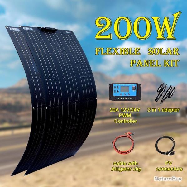 Kit Panneau Solaire Flexible 12/24v, Modele: Kit 200W 20A Noir