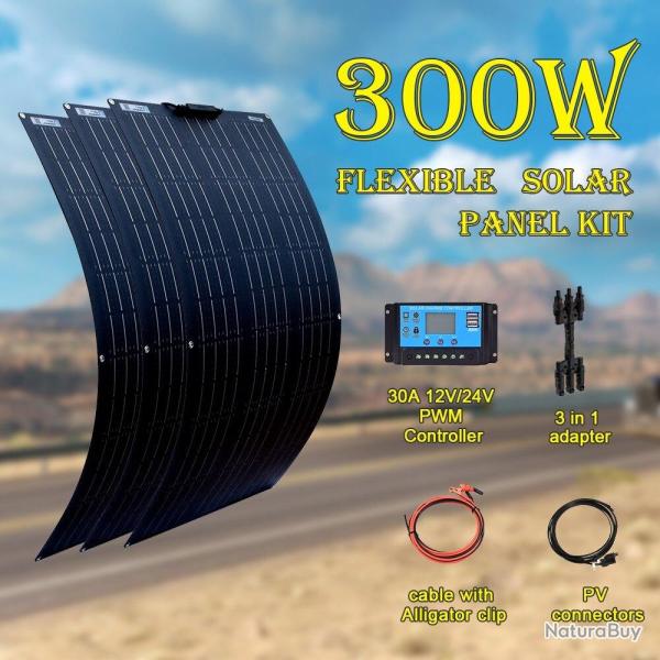Kit Panneau Solaire Flexible 12/24v, Modele: Kit 300W 30A Noir