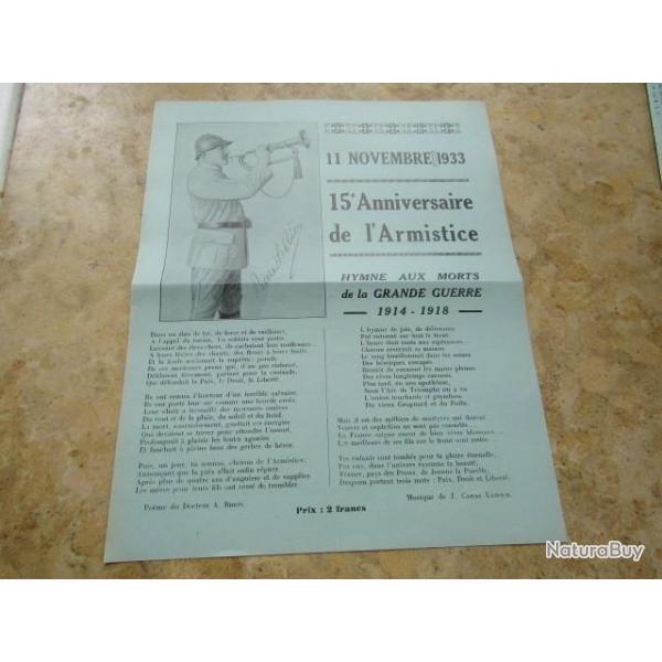 Publicit� comm�morative Lyon 11 nov 1918 datant 1933 avec clairon de l'Armistice ww1 premi�re guerre