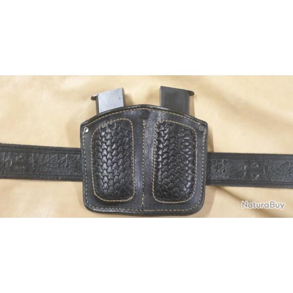 Double porte chargeur en cuir doubl� pour Colt 1911 noir