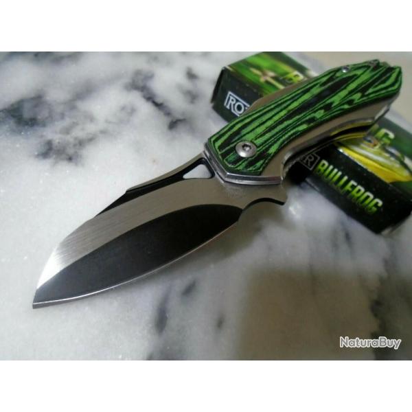 Couteau Rough Ryder Bullfrog A/O Lame Acier Inox Manche Green G10 Linerlock Clip RR2258