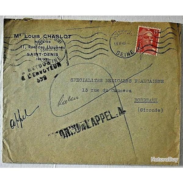 15 francs sur pli de 1949 - Marianne Type Gandon - Oblit�r�