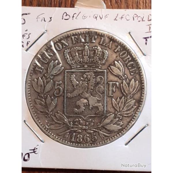 Tr�s rare 5 francs argent Belgique 1865 tranche en relief L�opold II