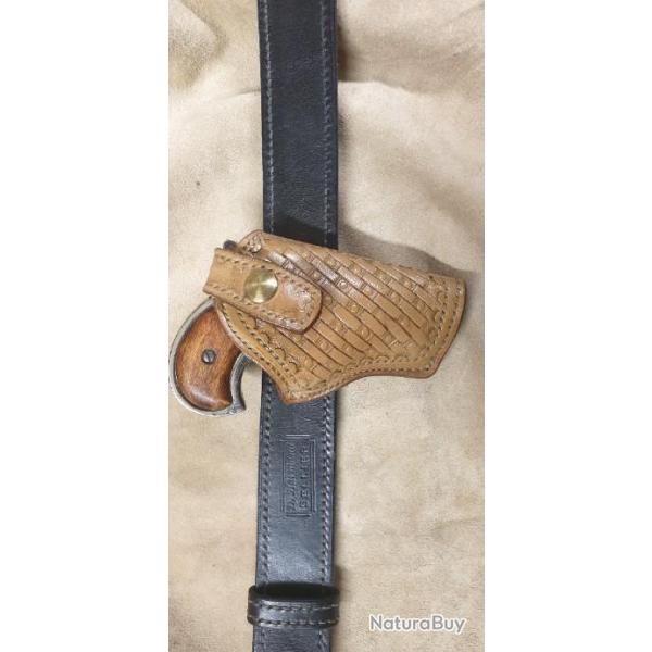 Holster en cuir doubl� pour pistolet Derringer format Denix couleur naturelle sans teinte