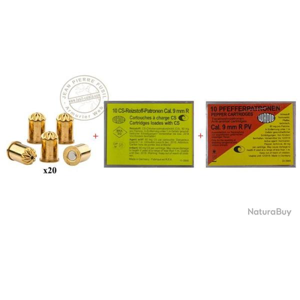 Lot de cartouches pour revolver d'alarme 9mm - 20 cart. � blanc + 10 cart. gaz CS + 10 cart. gaz poi